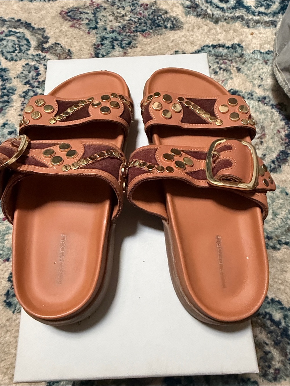 Free People Tan Leather Studded Double-Strap Slide Sandals - Picture 2 of 6